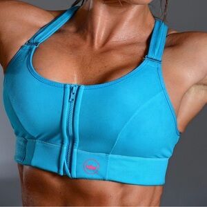 SHEFIT Sports Bra Medium High Impact Adjust Ultimate Teal Blue Front Zip